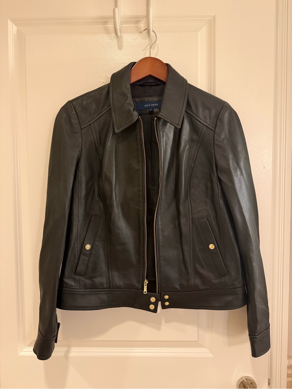 Cole Haan Black Leather Zip Jacket with Gold Hardware